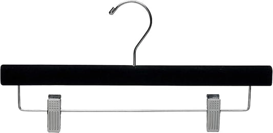 Black Velvet Pant Hanger w/Adjustable Cushion Clips, Box of 100 Flat Wood Bottom Hangers w/Chrome Swivel Hook for Jeans Slacks or Skirt