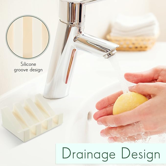 Cunhill 2 Pieces Silicone Soap Dish Self Draining Soap Dish Shower Waterfall Bar Soap Holder Tray with Drain Soap Saver for Kitchen Bathroom Accessories (Dark Grey,Cream White)