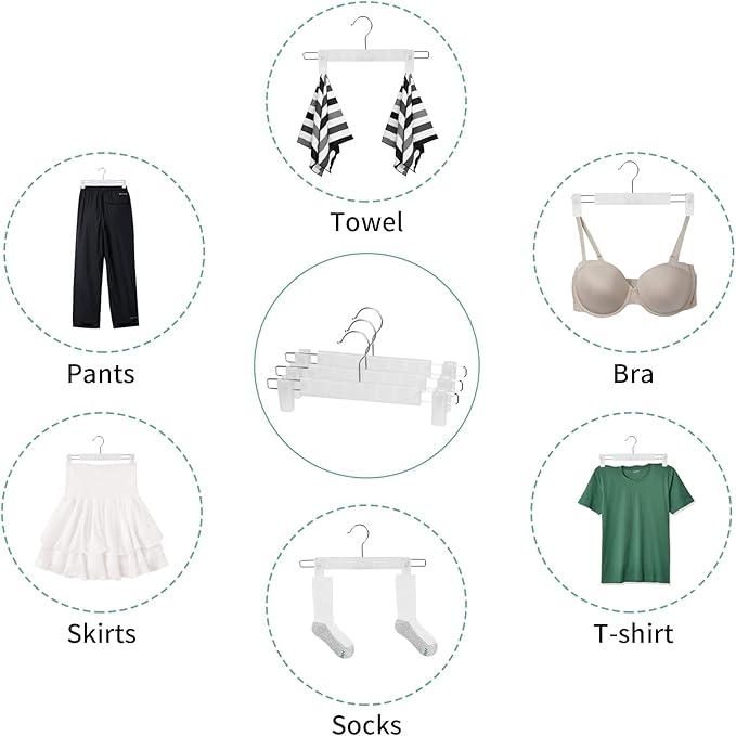 Skirt Hangers 20 Pack, Pants Hangers with Clips，360 ° Swivel Hook Space Saving Hangersfor Pants, Skirts, Clothes, Jeans, Translucent