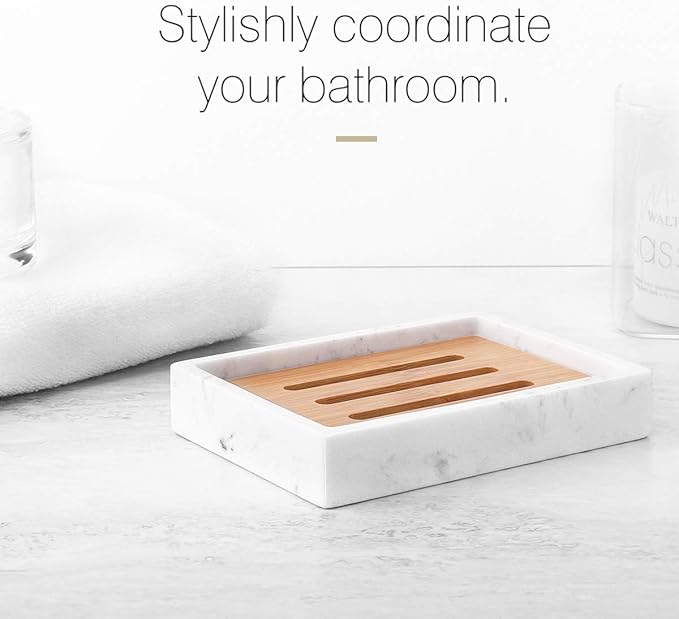 Luxspire Bamboo Soap Dish, Resin Soap Holder with Drainage, Wooden Soap Dish for Shower, Bathroom, Sink, Kitchen and Countertop, Gravel White