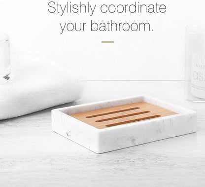Luxspire Bamboo Soap Dish, Resin Soap Holder with Drainage, Wooden Soap Dish for Shower, Bathroom, Sink, Kitchen and Countertop, Gravel White