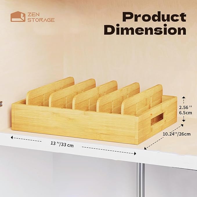 Bamboo Lid Organizer, Plastic Lid Organizer Cabinet, Food Container Lid with 5 Adjustable Dividers for Kitchen Drawer