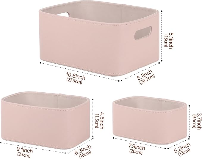 HofferRuffer Faux Leather Storage Baskets Bins with Velvet Lining for Organizing, Storage, Gifts, Set of 3 Nesting Shelf Baskets Decorative Storage Boxes for Home Organization (Pink)