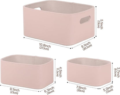 HofferRuffer Faux Leather Storage Baskets Bins with Velvet Lining for Organizing, Storage, Gifts, Set of 3 Nesting Shelf Baskets Decorative Storage Boxes for Home Organization (Pink)