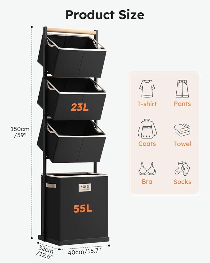 SOLEDI 4 Section Laundry Hamper Sorter, Stackable Laundry Basket Organizer with Removable Basket, 125L 4-Tier Vertical Laundry Sorter for Small Space, Laundry Room, Dorm, Bathroom, Wardrobe Black