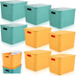 Hoolerry 8 Pieces Colorful Storage Bins with Lid, Plastic Storage Basket Organizing Container Stackable Box with Handle for Shelves Desktop Playroom Office(14.2 x 10.2 x 9.5 Inch,Green and Yellow)