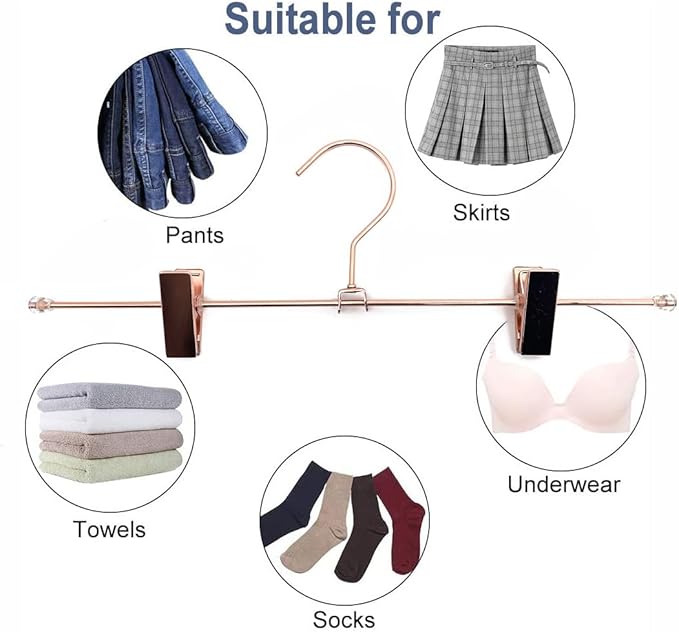 Rose Gold Metal Wire Clips Pants Bottom Clothes Hangers, 30 Pack Heavy Duty Trousers with Adjustable Clips,13.8" Space Saving for Legging Garment Jeans