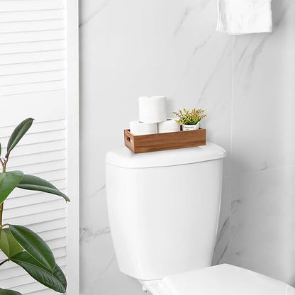 ALELION Acacia Wood Bathroom Storage Basket for Organizing - Toilet Paper Basket with Handle for Back of Toilet Tank Top Topper - Small Narrow Baskets for Kitchen Pantry Garage Laundry Room Storage