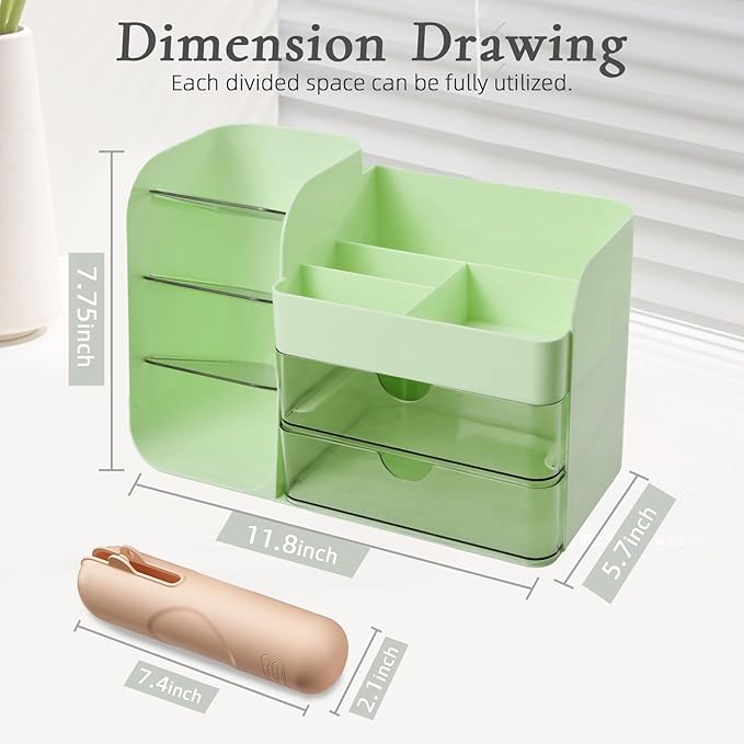 Makeup Organizer Countertop with Drawers, Cosmetic Organizer with Travel Makeup Brush Holder, Skincare Organizer & Storage with Drawers for Bathroom, Beauty Essentials, Eyeshadow (green)