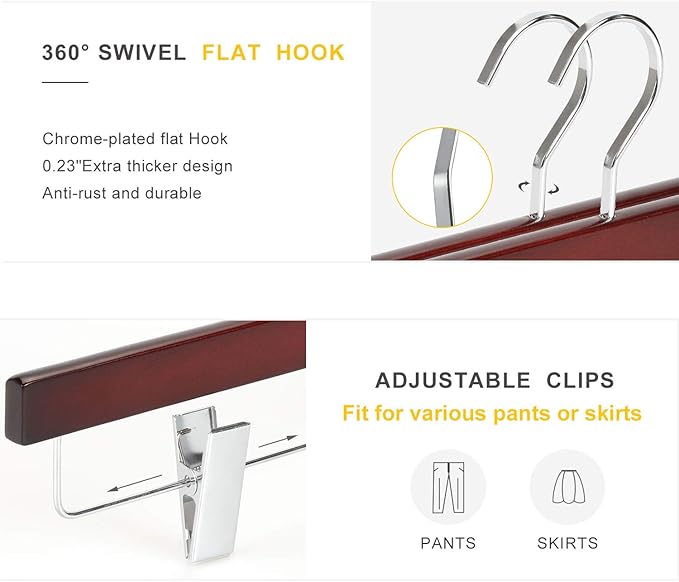 TOPIA HANGER Pants Hangers, Deluxe Cherry Wood Skirt Hangers with 2 Big Premium Metal Clips and 360° Swivel Anti-Rust Flat Hook, 20 Pack Boutique Hanger for Skirts, Trousers, Jeans, Slacks, CT03M