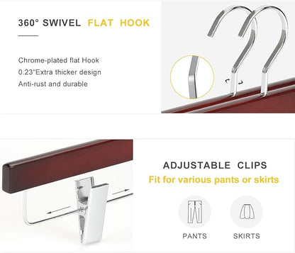 TOPIA HANGER Pants Hangers, Deluxe Cherry Wood Skirt Hangers with 2 Big Premium Metal Clips and 360° Swivel Anti-Rust Flat Hook, 20 Pack Boutique Hanger for Skirts, Trousers, Jeans, Slacks, CT03M
