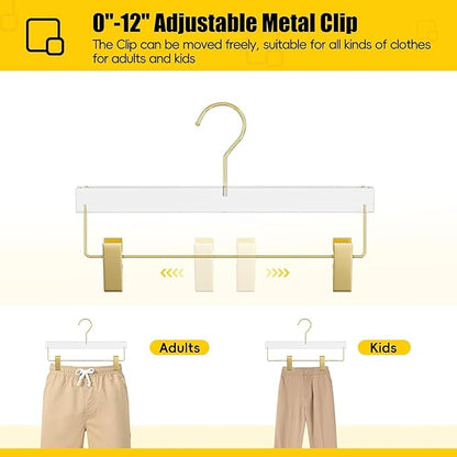 30 Pack Gold Acrylic Hangers, Clear Pants Hangers with Adjustable Non-Slip Clips for Pants, Skirts, Jeans, Trousers, Adults & Kids, Clothing Closet Storage