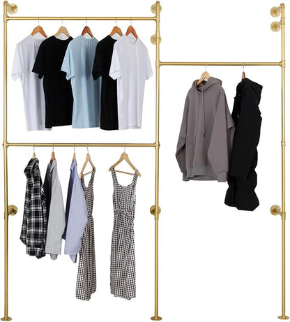 Modern Simple Industrial Pipe Double Hanging Rods Clothing Rack, Clothes Rack Wall Mounted Heavy Duty Hanging Clothes Rack, Detachable Garment Bar 93.7X84inch (Gold)