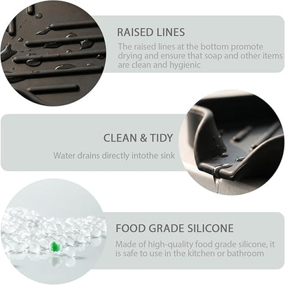 MicoYang Silicone Bathroom Soap Dishes with Drain Spout-Bathroom and Kitchen Sink Organizer,Sponge Holder,Dish Soap Tray,Perfect for Dispenser,Scrubber,Bottle,Cup on Sink or Counter-Black 4.9"×3.2"