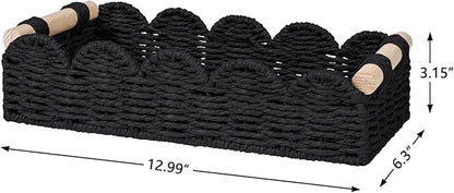 CubesLand Toilet Paper Storage Basket Organizer, Small Wicker Toilet Tank Top Decorative Baskets for Countertop, Handwoven Scalloped Basket w/handle for Home Decor, Living Room, Bedroom, Black