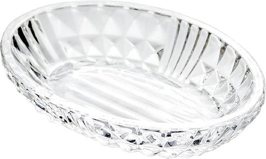 Clear Glass Soap Dish, Oval Bar Soap Holder with Embossed Raised Sides for Bathroom, Sink and Kitchen