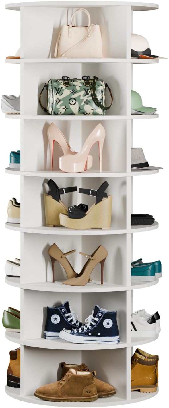 Waleaf 7 Tier Rotating Shoe Rack Tower 360, Revolving Shoe Organizer Spinner, Spinning Shoe Display Lazy Susan, Shoe Carousel, Spinning Shoe Rack for Entryway, Living Room, Bedroom (White)