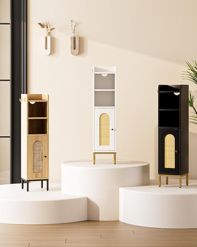 Bathroom Storage Cabinet, Small Corner Floor Hutch with 2Hooks,Narrow Toilet Paper Cabinet with Rattan Door,Bathroom Organizer with Adjustable Shelf, for Small Spaces,Oak