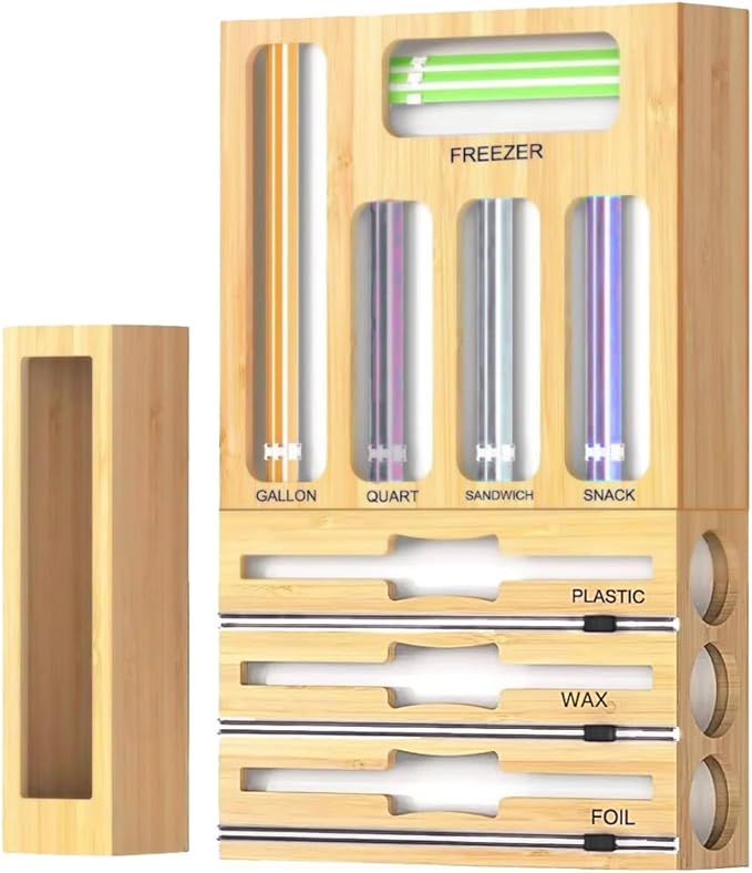 Storage Bag Organizer for Kitchen Drawer, Foil and Plastic Wrap with Cutter, Organizers Compatible Gallon, Quart, Sandwich Snack Size 9 in 1