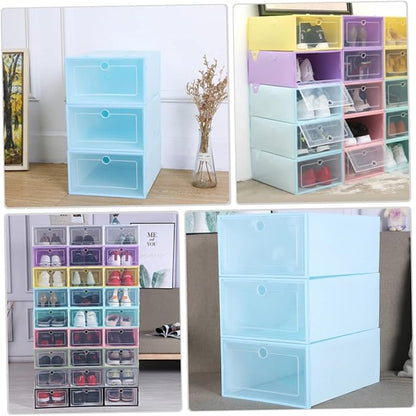 6pcs Stackable Transparent Shoes Organizer Breathable Drawer-type Shoe Storage Box Space-saving Container for Closet Entryway and Bedroom Round Center Blue