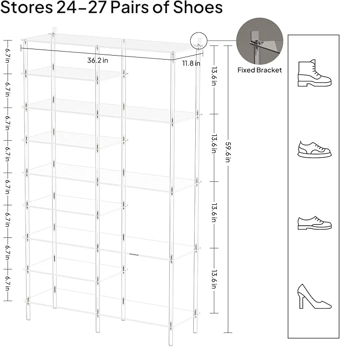 Aquiver 9 Tiers Acrylic Shoe Rack - Large Capacity Two Rows Shoe Organizer - Tall Boot Storage Shelf for Entryway, Closet, Garage, Bedroom, 28-32 Pairs, 36.2'' L x 11.8'' W x 59.6'' H