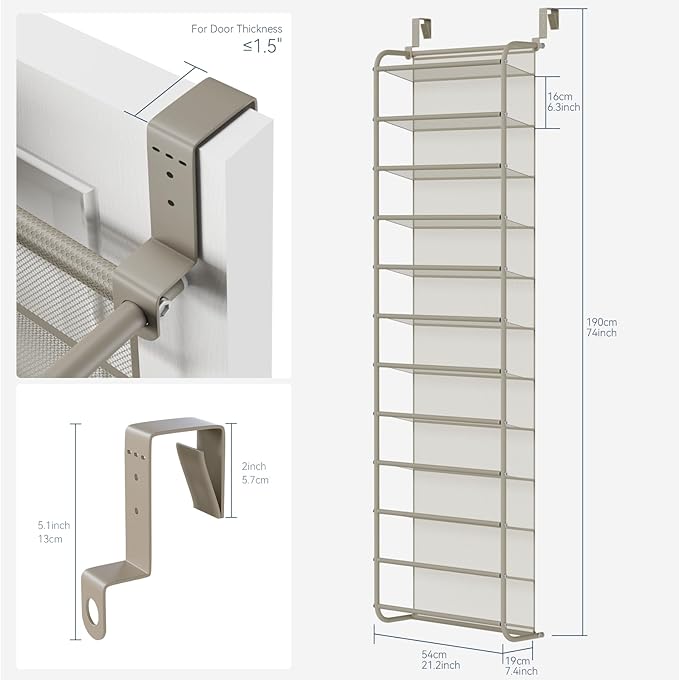 Whitmor 36 Pair Over The Door Shoe Organizer, 12 Tier Hanging Shoe Organizer, Heavy Duty Metal & Mesh Shoe Holder, Hanging Shoe Rack for Closet Organizer & Storage, 74" L x 21.7" W x 7.5" H, Mocha