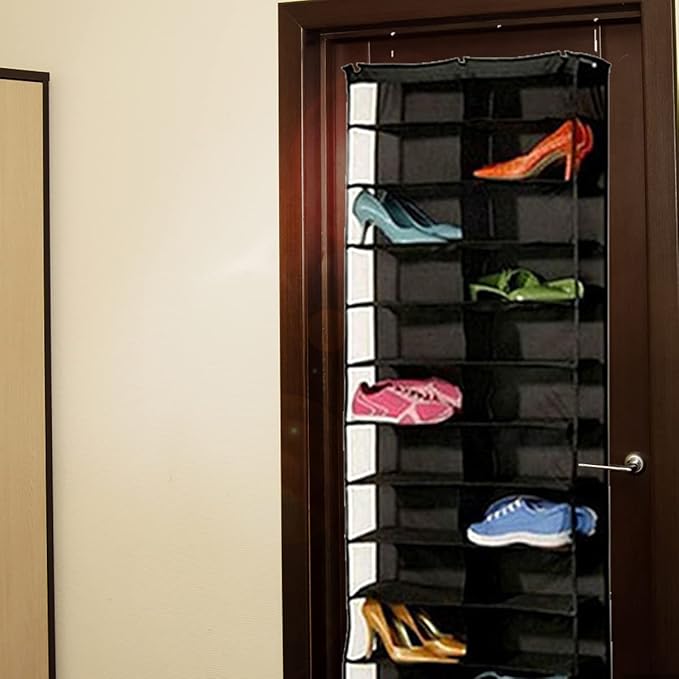 Over the Door Shoe Shelves 26 Section Space Saving Hanging Shoe Organizer with Hooks Clear Window Foldable Shoe Display Shelves Stand for Shoes Hat Toys Home (Black)