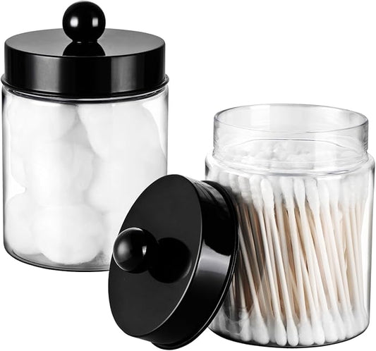 Amolliar Apothecary Jars Bathroom Vanity Storage Organizer Set -Countertop Canister Plastic Acrylic Jar - Farmhouse Decor Qtip Holder for Cotton Swabs,Makeup Sponges,Flossers,Paper Clips -Black(2)
