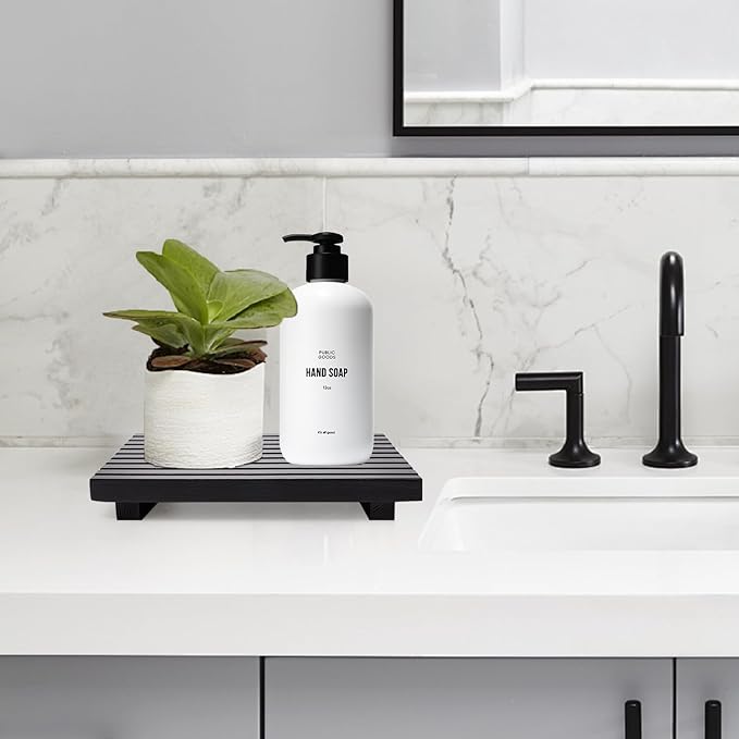 Wood Pedestal Table Stand for Bathroom Tray Kitchen Counter Decor Decorative Wooden Display Risers for Kitchen Sink Accessories Soap Tray Vanity Black Bathroom Counter Organizer Decor Dish Soap Holder