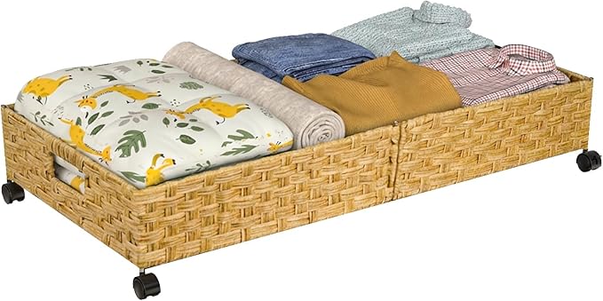Under Bed Storage with Wheels, 31.5In/40L Large Rolling Underbed Storage Organizer Drawers Bins, Rattan Under the Bed Storage Containers with Handles, Space Saving Design for Clothes,Shoes,Books