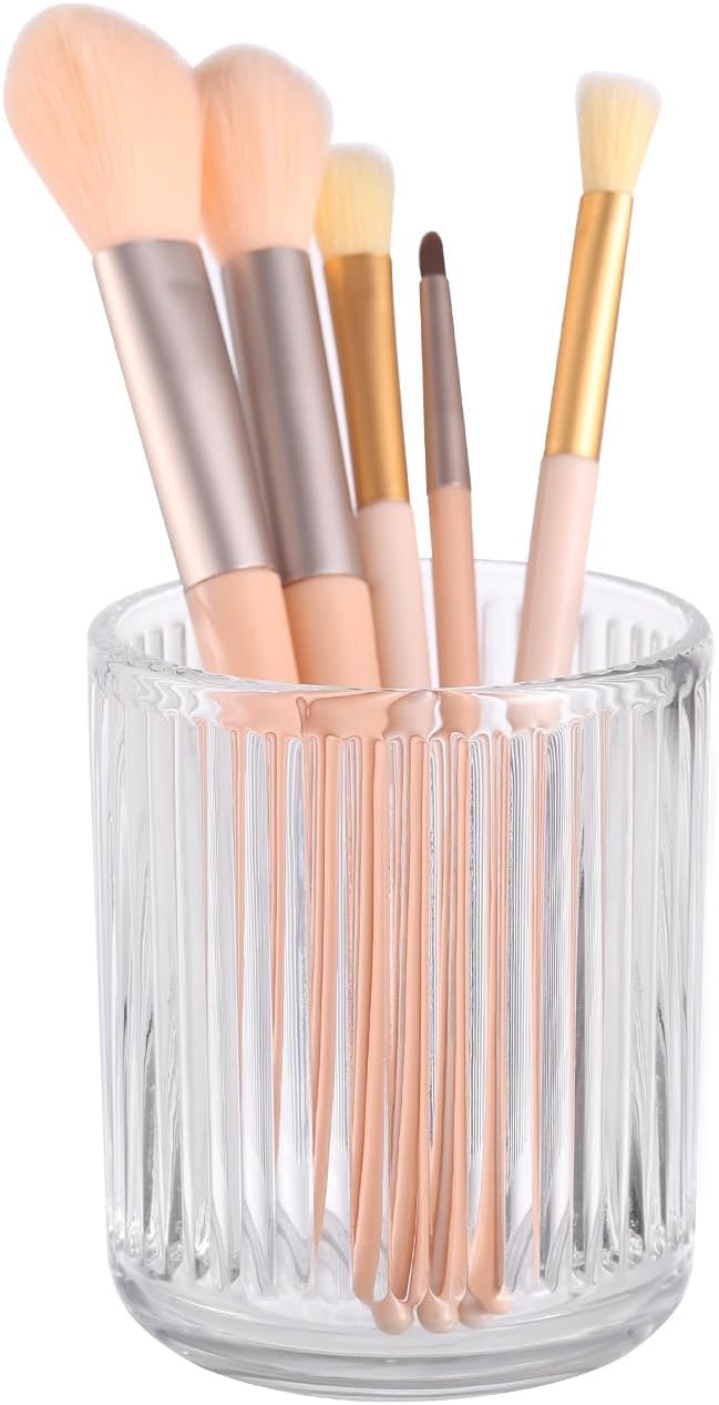 DASITON Makeup Brush Holder Organizer, Crystal Glass Makeup Brushes Storage Holder, Vintage Make Up Brush Cup for Vanity, Pen Pencil Holder for Desk, Toothbrush Holders for Bathroom (Clear S)
