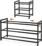 Expandable Shoe Rack for Small Spaces, Adjustable Width 18.5"–33", 3-Tier Sturdy Metal Shoe Organizer for Entryway, Closet, Bedroom Garage Dorm, Free Standing Shoe Organizer 12 Pairs with Hooks, Black