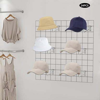 24Pcs Hat Hooks Wire Grid Wall Hat Holder Hat Display Multiple Hooks for Gridwall for Retail Cloth Wardrobe Silver