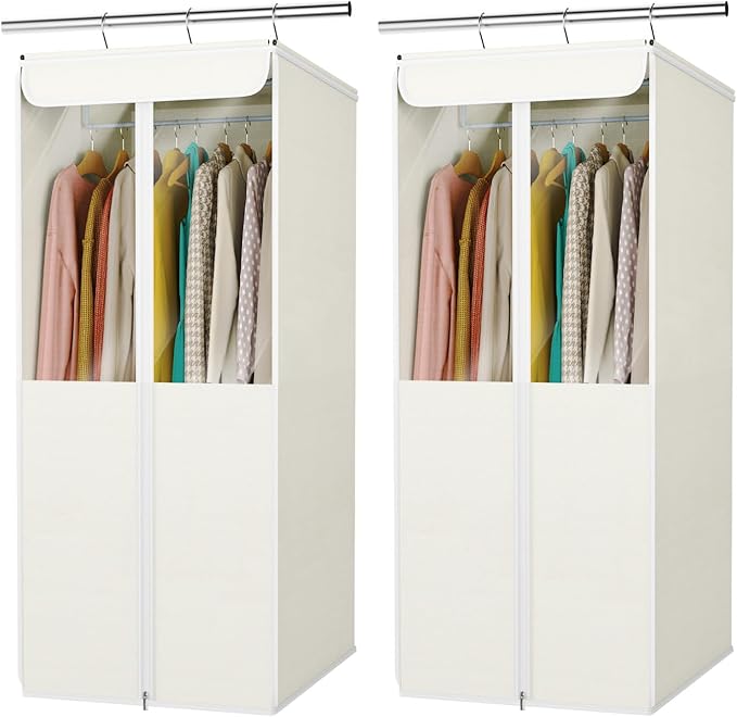 Univivi Garment Bags for Hanging Clothes, 2 Pack Large Clothes Storage Bags Closet Organizer with Clear Window, Premium Hanging Garment Storage Bag for Suits, Coats, Dresses, 40" (Beige)
