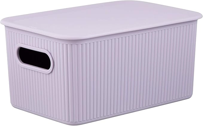 Decorative Plastic Basket Lidded Home Storage Bins Organizer, Medium Lilac Purple (1 Pack - 5 Liter) Stackable Container Box, for Organizing Closet Storage Bins for Shelves - Ribbed Collection