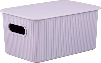 Decorative Plastic Basket Lidded Home Storage Bins Organizer, Medium Lilac Purple (1 Pack - 5 Liter) Stackable Container Box, for Organizing Closet Storage Bins for Shelves - Ribbed Collection