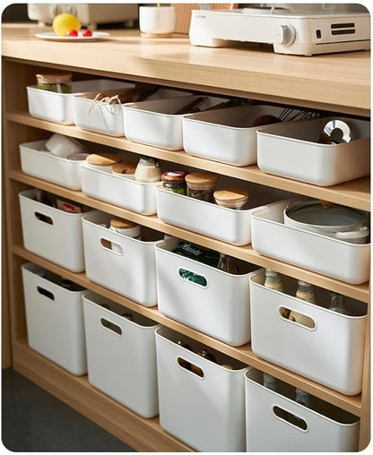 Set Of 4 Plastic Storage Bins,13.8×10×3.3 inch Versatile Kitchen Pantry Organization and Storage,for Plastic Storage Container Under Bed,Under Sink Bathroom Organizer (White, 4 XM)