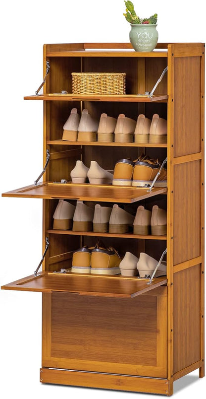 Magshion Bamboo Entryway Shoe Storage Cabinet with Pull-Down Door, 7-Tier Freestanding Shoe Cabinet Organizer for Hallway Entryway, for Convenient Shoe Organization (Brown)