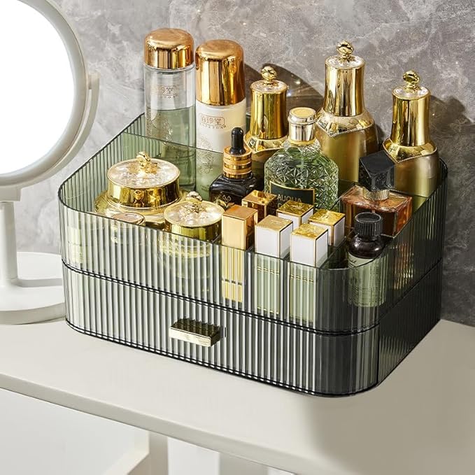 Makeup Organizer With Large Capacity, Cosmetics Organizer for Bedroom and Bathroom Vanity Countertops, Huge Capacity Cosmetic Storage Box for Skincare Cream Perfume Lipstick Dresser Counter-Green