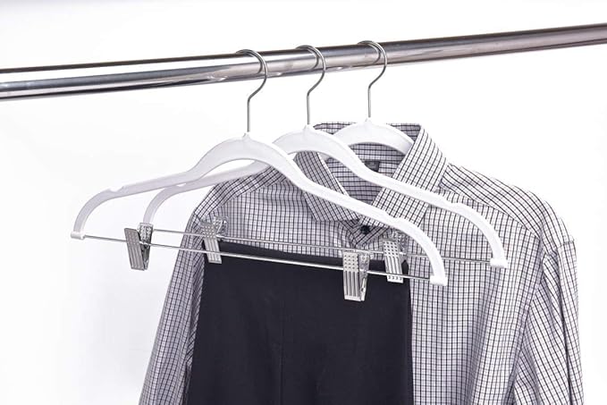 80 Pack White Quality Plastic Non Velvet Non-Flocked Thin Compact Coat Hangers with Metal Clips for Skirts Pants Blouses 360° Swivel Hook