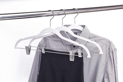 80 Pack White Quality Plastic Non Velvet Non-Flocked Thin Compact Coat Hangers with Metal Clips for Skirts Pants Blouses 360° Swivel Hook
