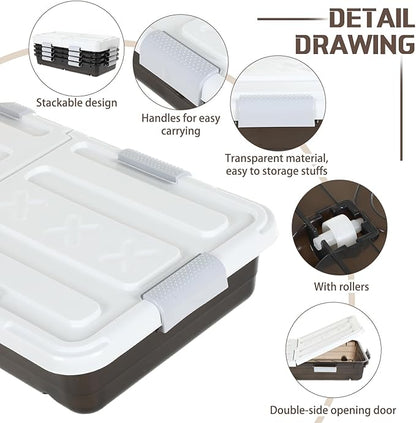 Beeveer 4 Pcs Plastic Under Bed Storage Container with Double Opening Lid Wheel Handle, Transparent Large Capacity Stackable Latching Festival Storage Bin for Closet Bedroom, 31.5x15.8x5.2 In(Brown)