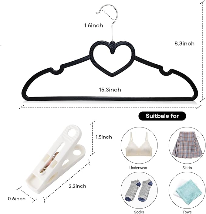 Plastic Hangers 30 Pack, Heart-Shaped Clothes Hanger Ultra Thin Space Saving - Black Slim Hangers with 360 Degree Swivel Hook & Clips -Strong Durable Adult Coat Hangers for Dress, Shirts, Coats