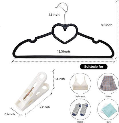 Plastic Hangers 30 Pack, Heart-Shaped Clothes Hanger Ultra Thin Space Saving - Black Slim Hangers with 360 Degree Swivel Hook & Clips -Strong Durable Adult Coat Hangers for Dress, Shirts, Coats