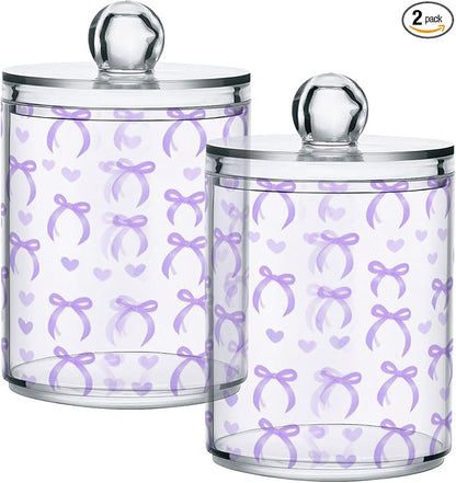 2 Pack Apothecary Jars Purple Bow Love Qtip Holder Organizer Clear Airtight Container for Cotton Swabs Food Storage 14oz Plastic Jars with Lids