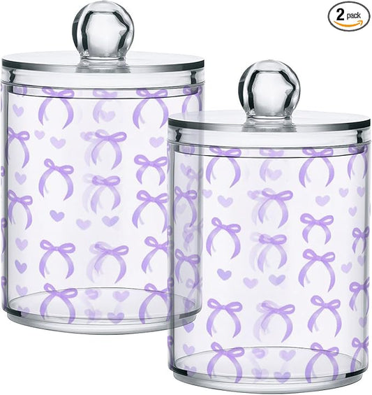 2 Pack Apothecary Jars Purple Bow Love Qtip Holder Organizer Clear Airtight Container for Cotton Swabs Food Storage 14oz Plastic Jars with Lids