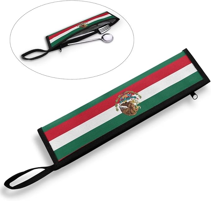 COEQINE Mexico Flag Themes Utensil Holder Case Fork Spoon Knife Organizer Tableware Storage Case With Zipper Handles Portable Lightweight Travel Outdoor Silverware Bags for Women Men Independence Day
