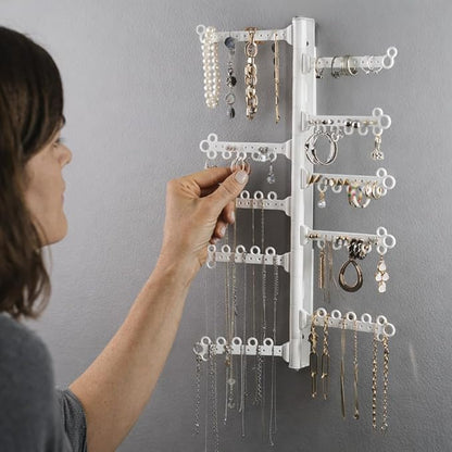 AllHungUp 12-Tier Wall Jewelry Organizer Wall Mounted Jewelry Organizer Necklace Holder Wall Mount Hanging Necklace Organizer Jewelry Hanger Wall Mounted Earring Holder Display Earring Organizer White