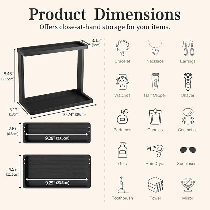 PEKER Bamboo Bathroom Organizer Countertop – Small Vanity Storage Shelf for Makeup, Perfume, Skincare – Natural Cosmetics Display Rack for Dresser, Sink, Kitchen –Black