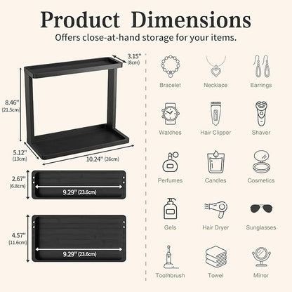 PEKER Bamboo Bathroom Organizer Countertop – Small Vanity Storage Shelf for Makeup, Perfume, Skincare – Natural Cosmetics Display Rack for Dresser, Sink, Kitchen –Black